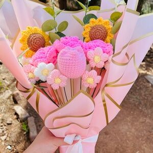 Pink and Yellow Crochet Flower Bouquet 💐